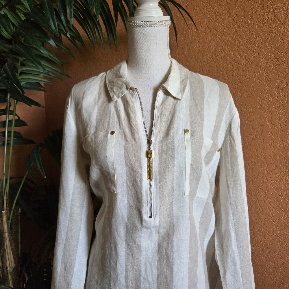 Ellen Tracy Striped Linen Top Cream Khaki Neutral Gold XL Safari Summer Half Zip